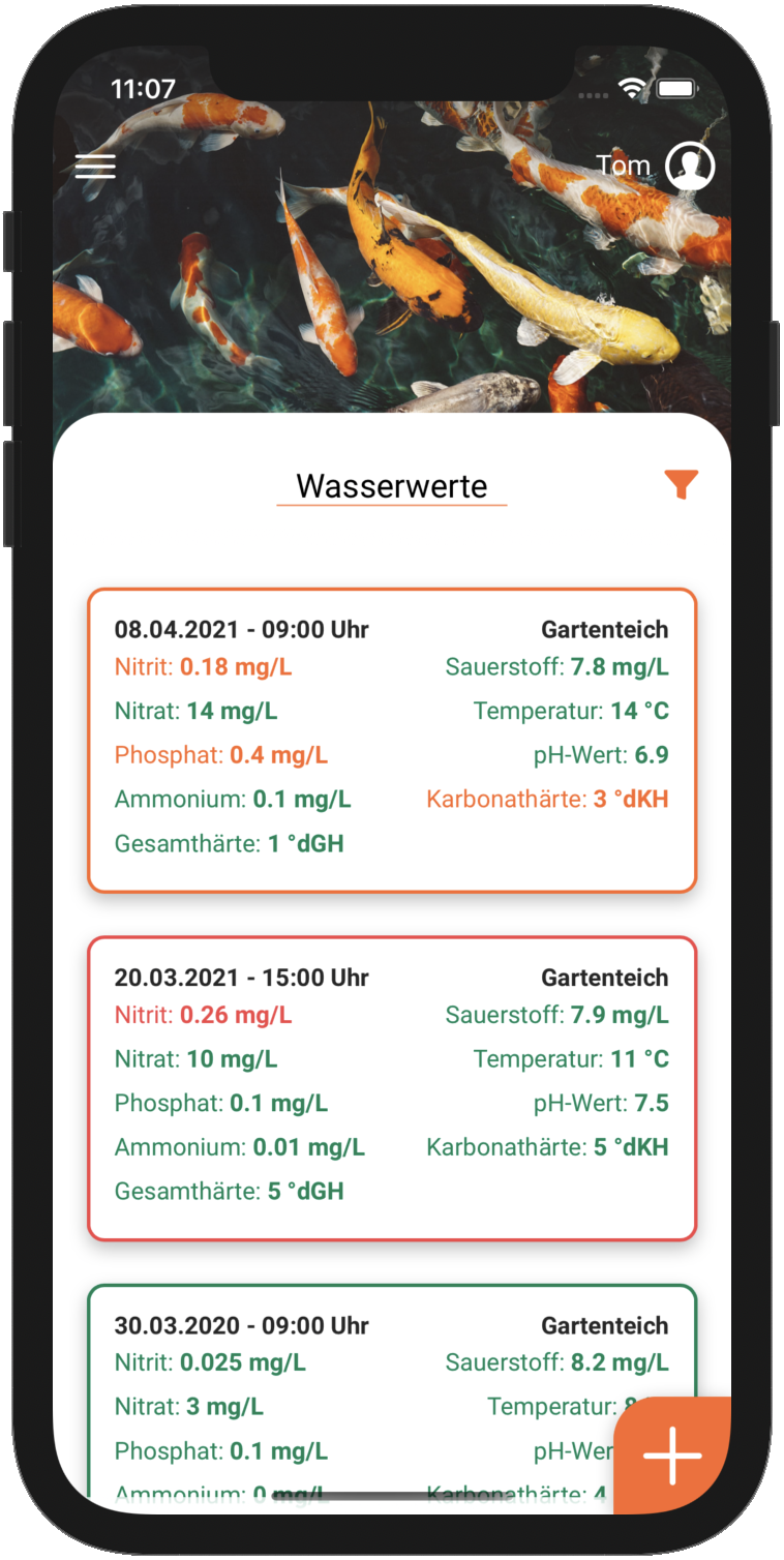 Wasserwerte eingetragen in der App