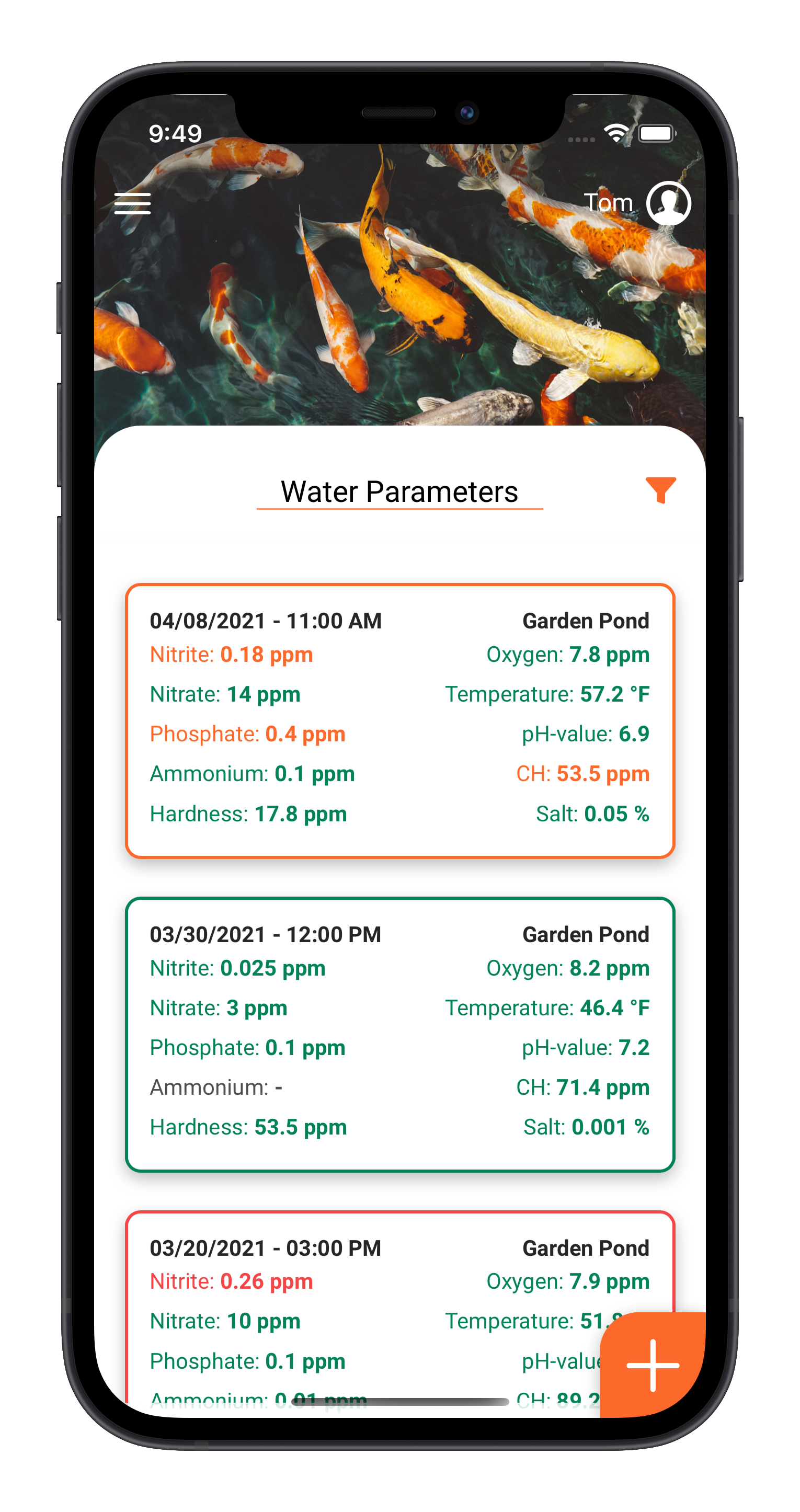 Wasserwerte eingetragen in der App